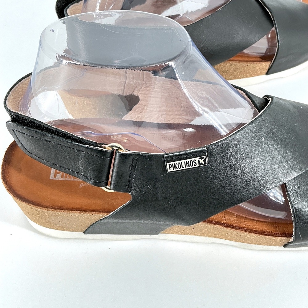 Pikolinos Black Size 9.5 Leather Crisscross Wedge Slingback Sandals Mahon Spain - Picture 8 of 13